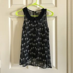 Sheer Black Tank Top, Peter Pan Collar, Bow Print